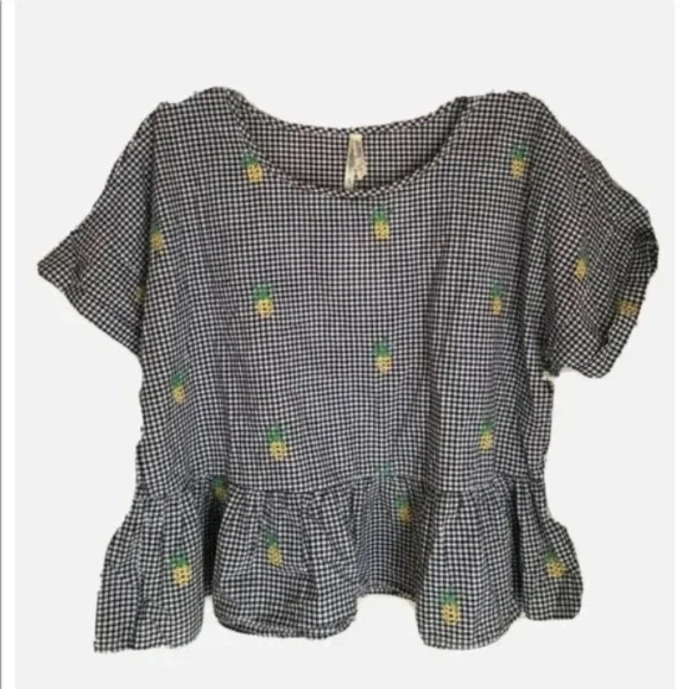 Girl Krazy Gingham Plaid Pineapple Print Peplum Blouse Women Size Large